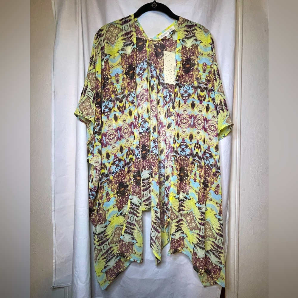 NWT Daniel Rainn Multicolor Yellow Purple Lightweight Open Front Tunic Size XS/S